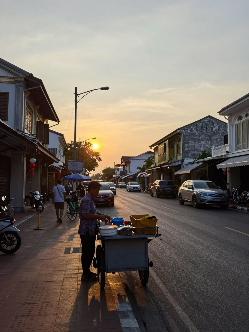 Early Evening Street Scene in Phuket Thailand with Local Vendor and Mug in in Phuket, Thailand