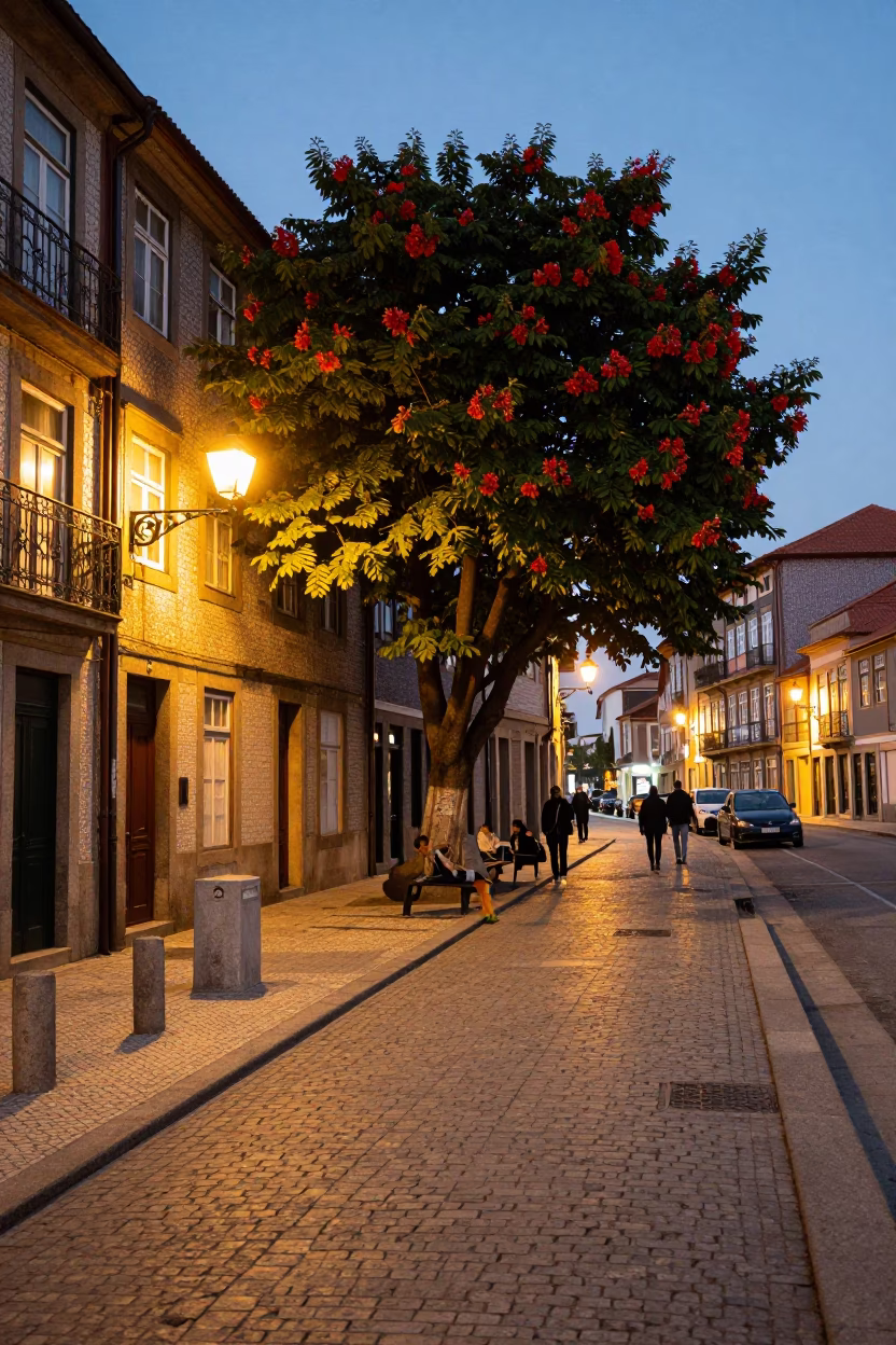 Early Evening Street Scene in Porto Portugal with Chestnut Tree and Local Market Stall in in Porto, Portugal