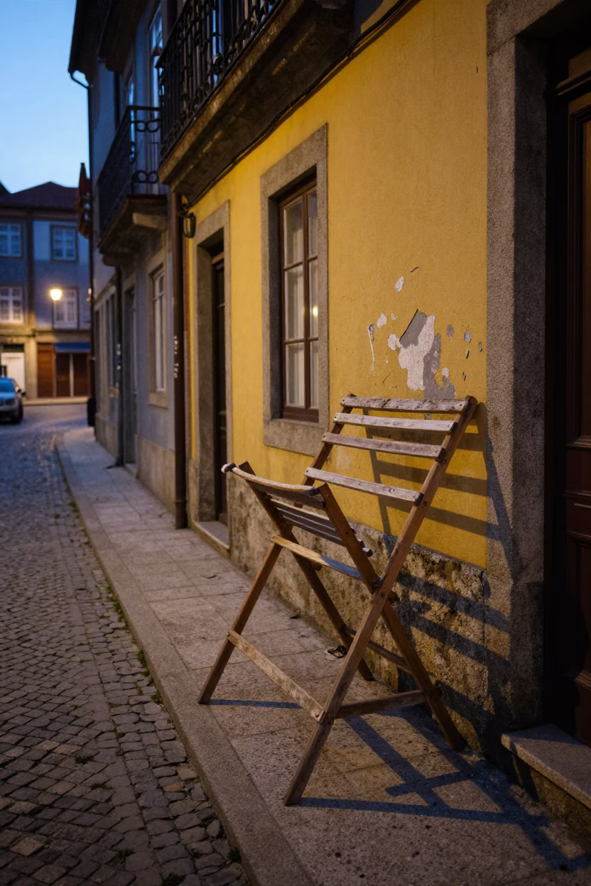 Early Evening Street Scene in Porto Portugal with Drying Rack and Cobblestones in in Porto, Portugal