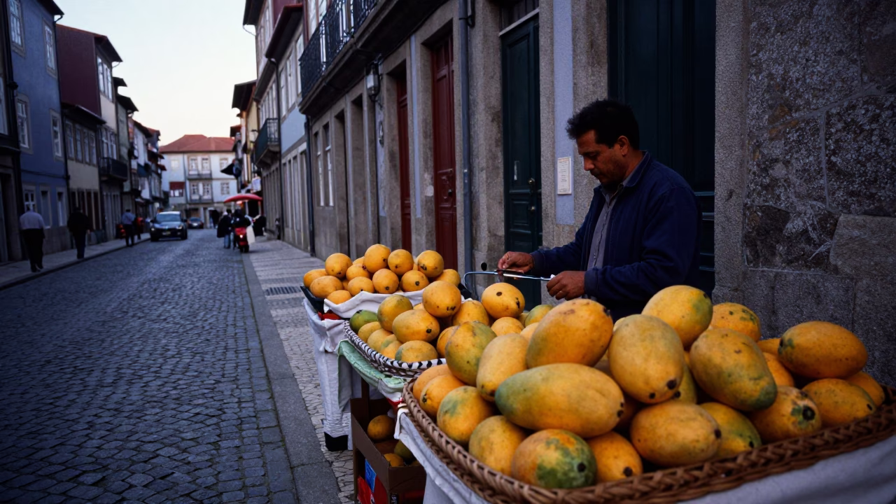 Early Evening Street Scene in Porto Portugal with Mangoes and Local Life in in Porto, Portugal