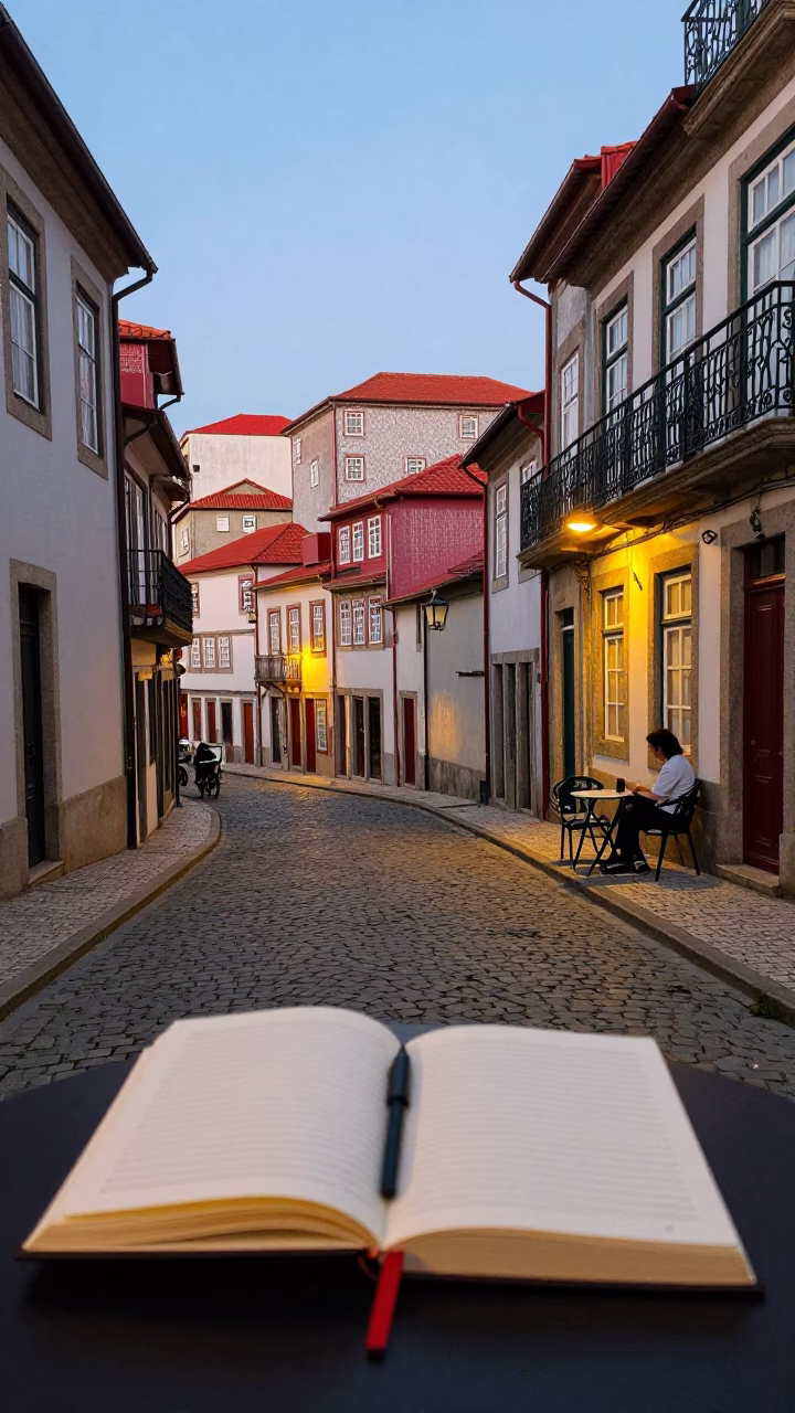 Early Evening Street Scene in Porto Portugal with Notebook and Book Light in in Porto, Portugal