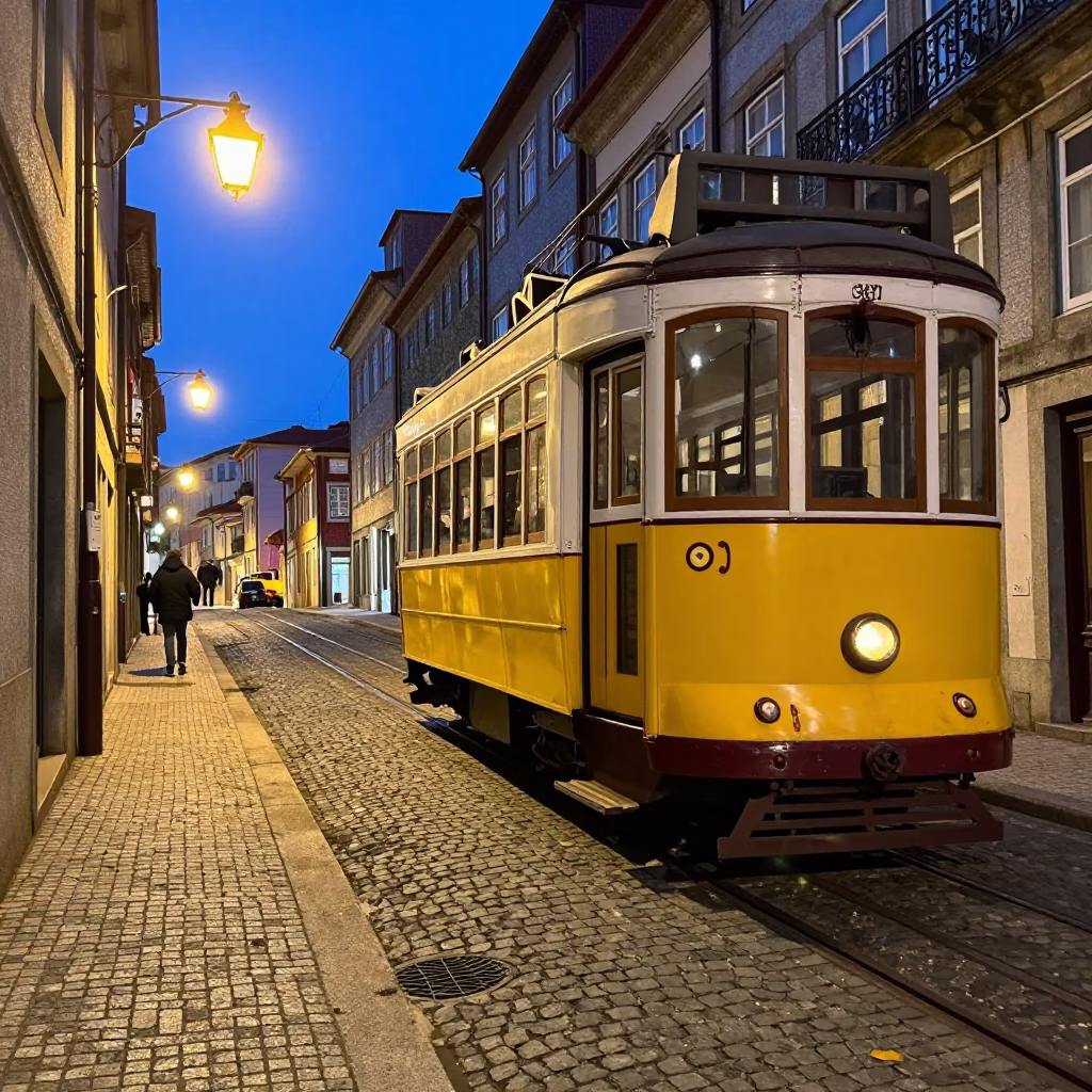 Early Evening Street Scene in Porto Portugal with Tram and Traditional Architecture in in Porto, Portugal