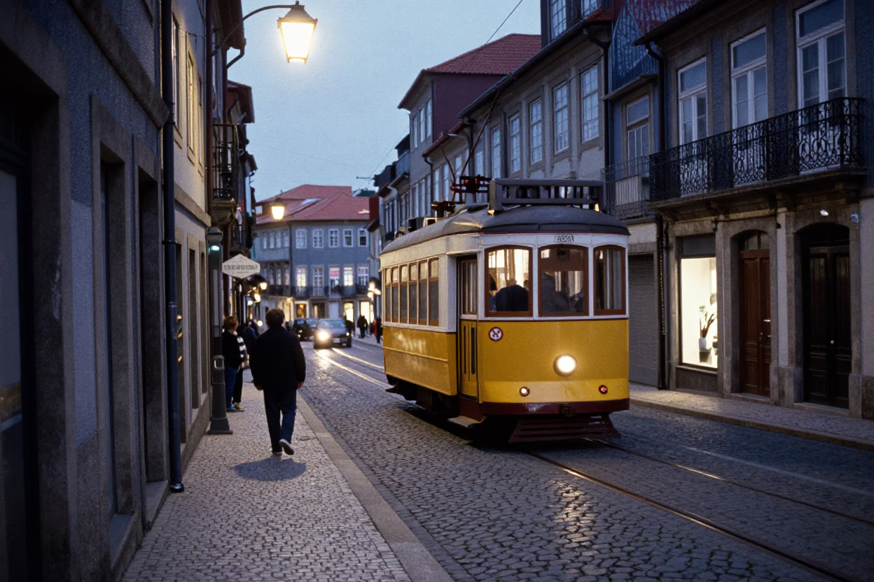 Early Evening Street Scene in Porto Portugal with Tram and Traditional Azulejo Tiles in in Porto, Portugal