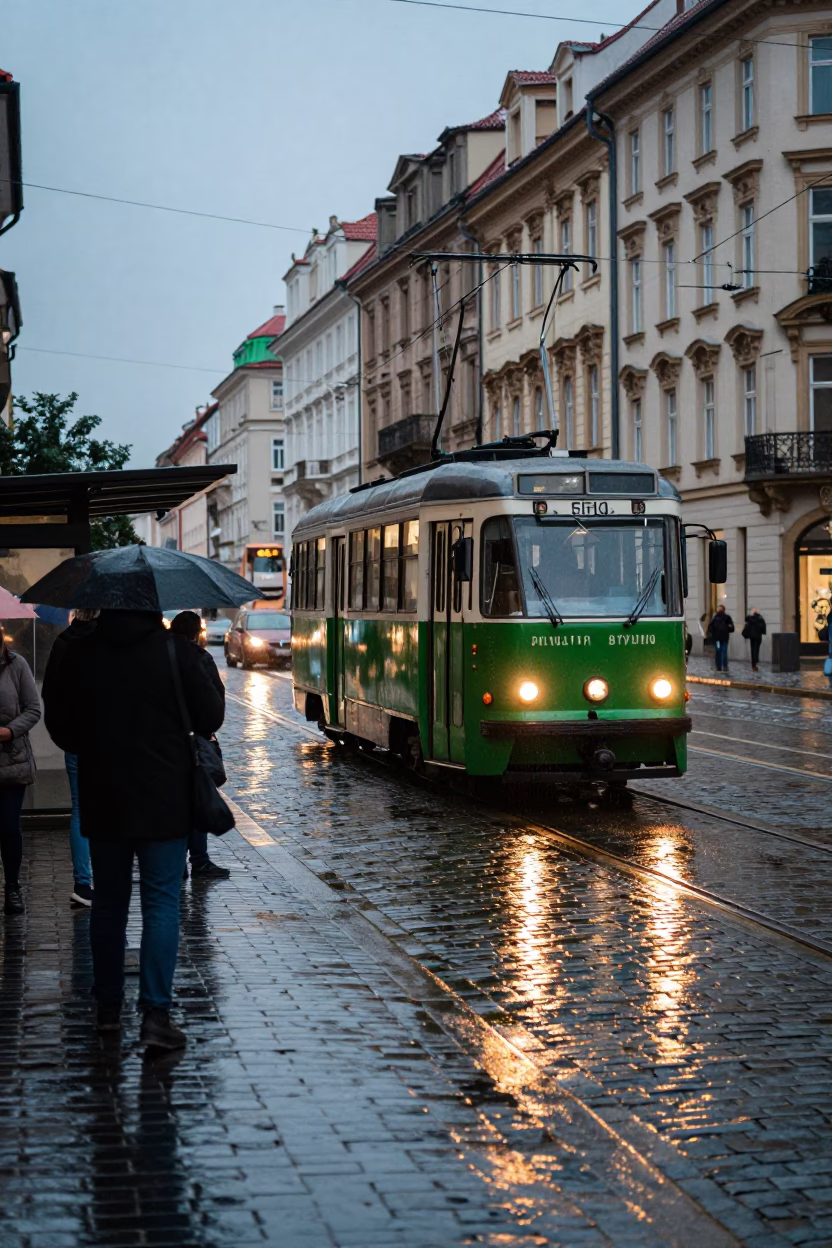 Early Evening Street Scene in Prague Czech Republic with Heritage Tram and Rain in in Prague, Czech Republic