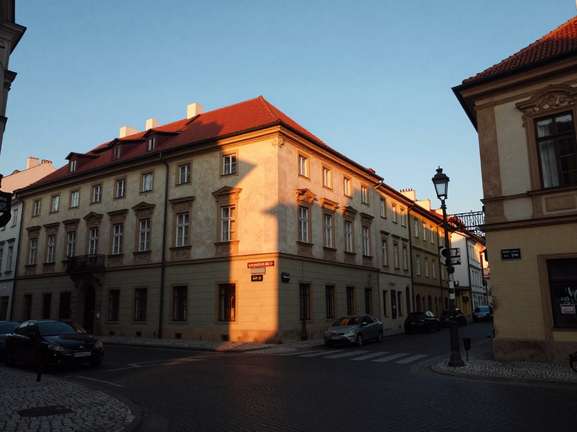 Early Evening Street Scene in Prague Czech Republic with Sunlight and Local Details in in Prague, Czech Republic