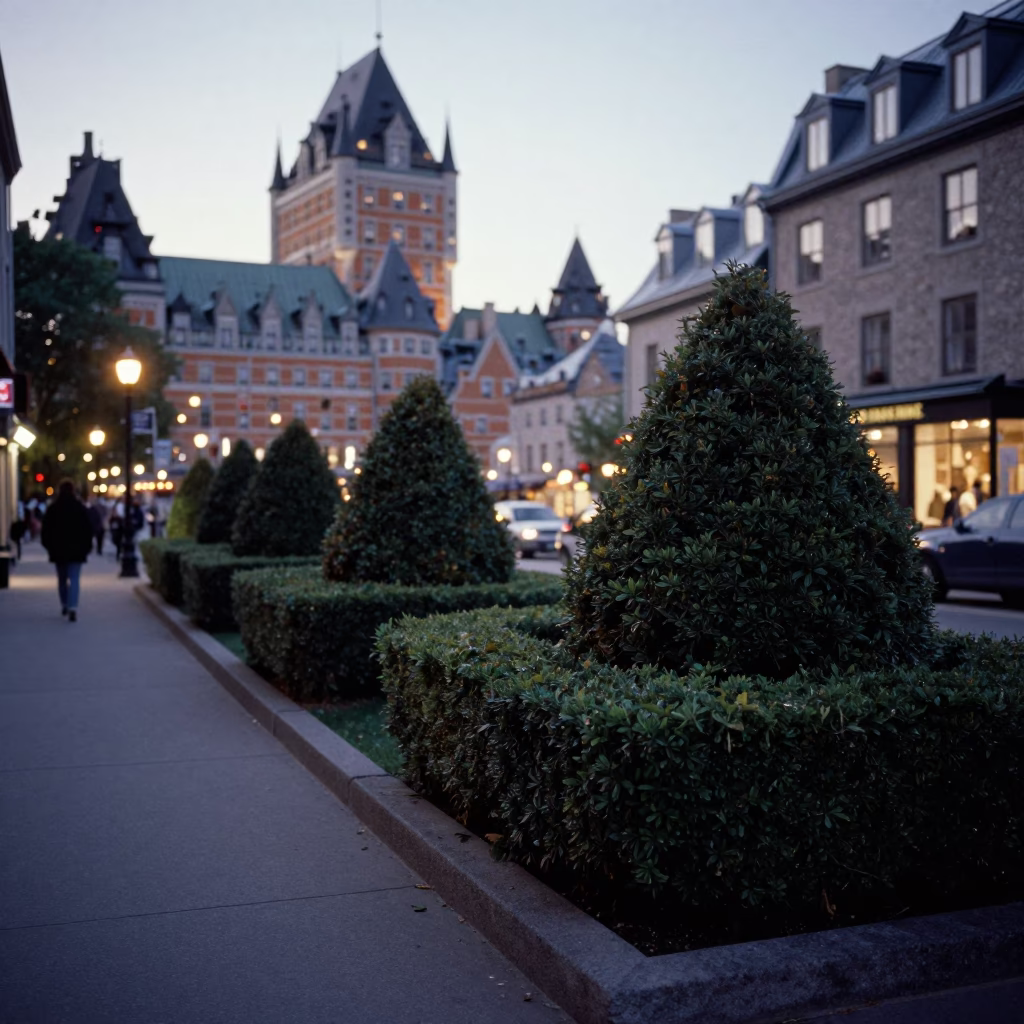 Early Evening Street Scene in Quebec City featuring Boxwood Hedges and Local Life in in Quebec City, Quebec, Canada