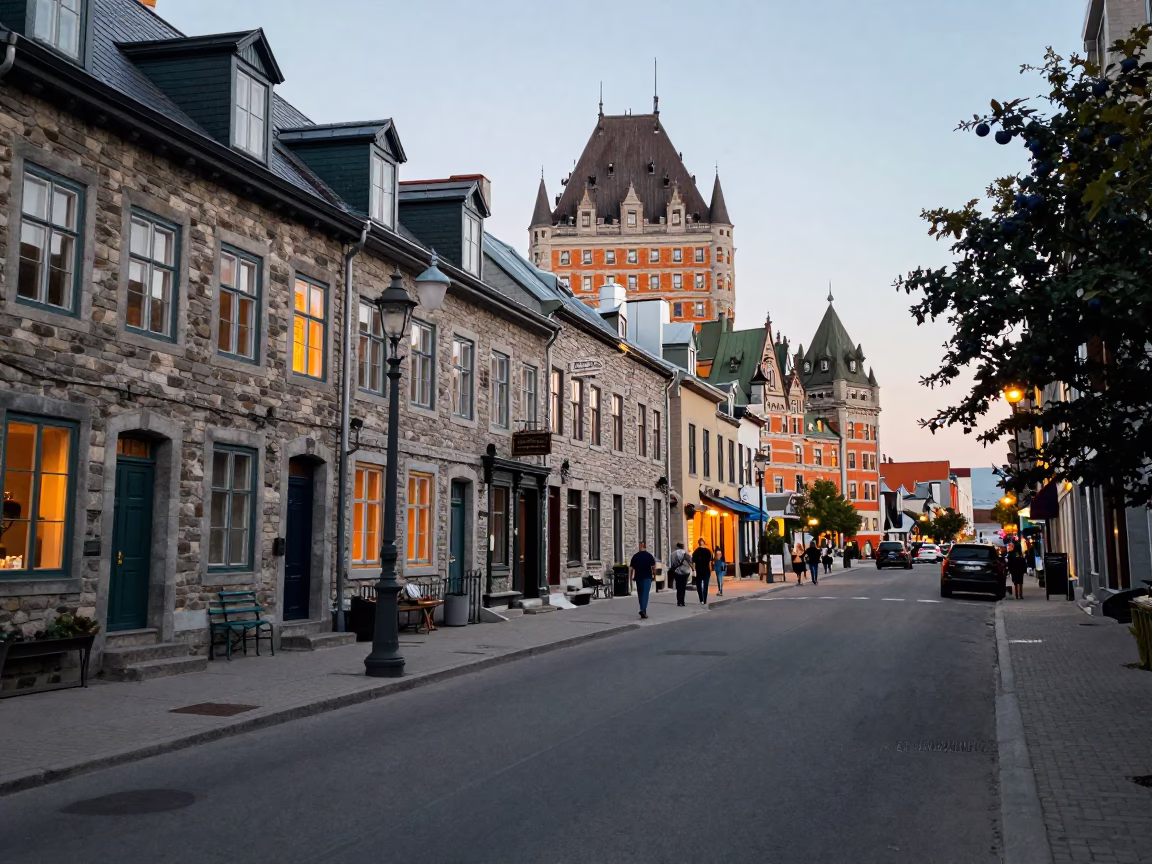 Early Evening Street Scene in Quebec City with Blueberries and Local Market Activity in in Quebec City, Quebec, Canada