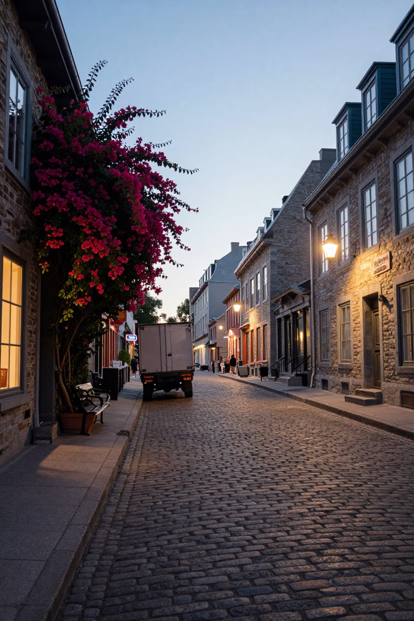 Early Evening Street Scene in Quebec City with Bougainvillea and Cargo Ship in in Quebec City, Quebec, Canada