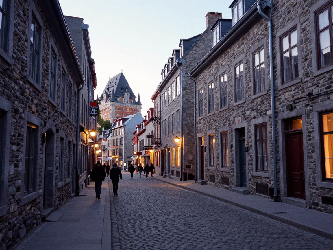 Early Evening Street Scene in Quebec City with Cobblestones and Historic Architecture in in Quebec City, Quebec, Canada