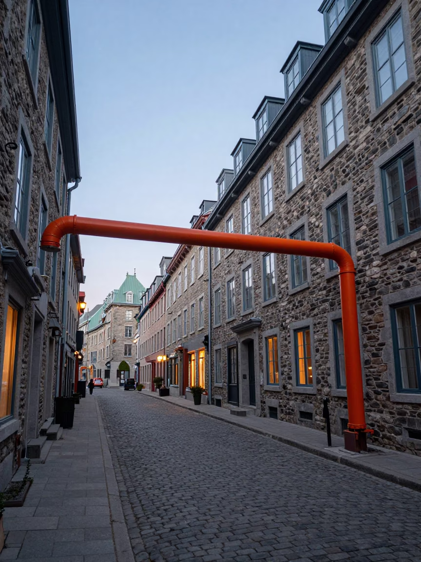 Early Evening Street Scene in Quebec City With Latch And District Heating Pipe in in Quebec City, Quebec, Canada