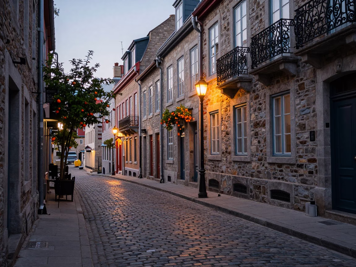 Early Evening Street Scene in Quebec City with Oranges and Urban Details in in Quebec City, Quebec, Canada
