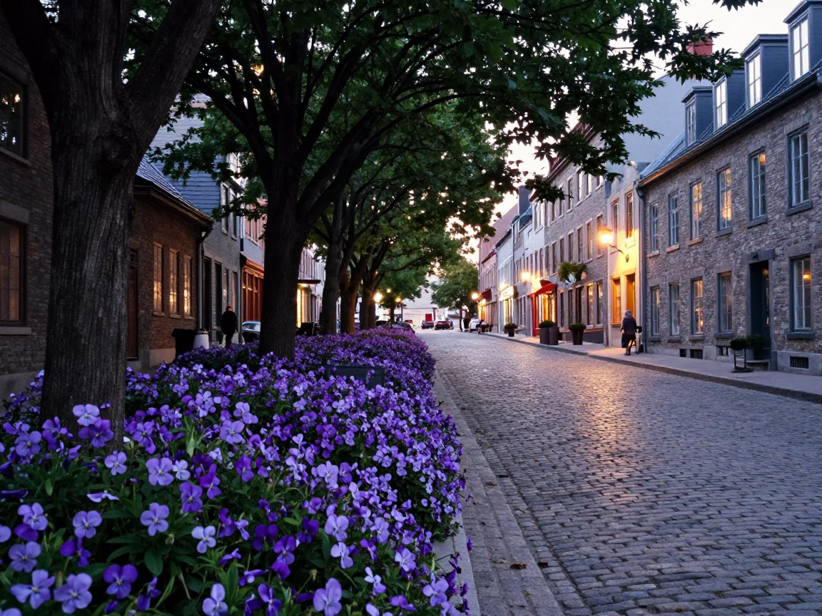 Early Evening Street Scene in Quebec City with Violets and Urban Details in in Quebec City, Quebec, Canada