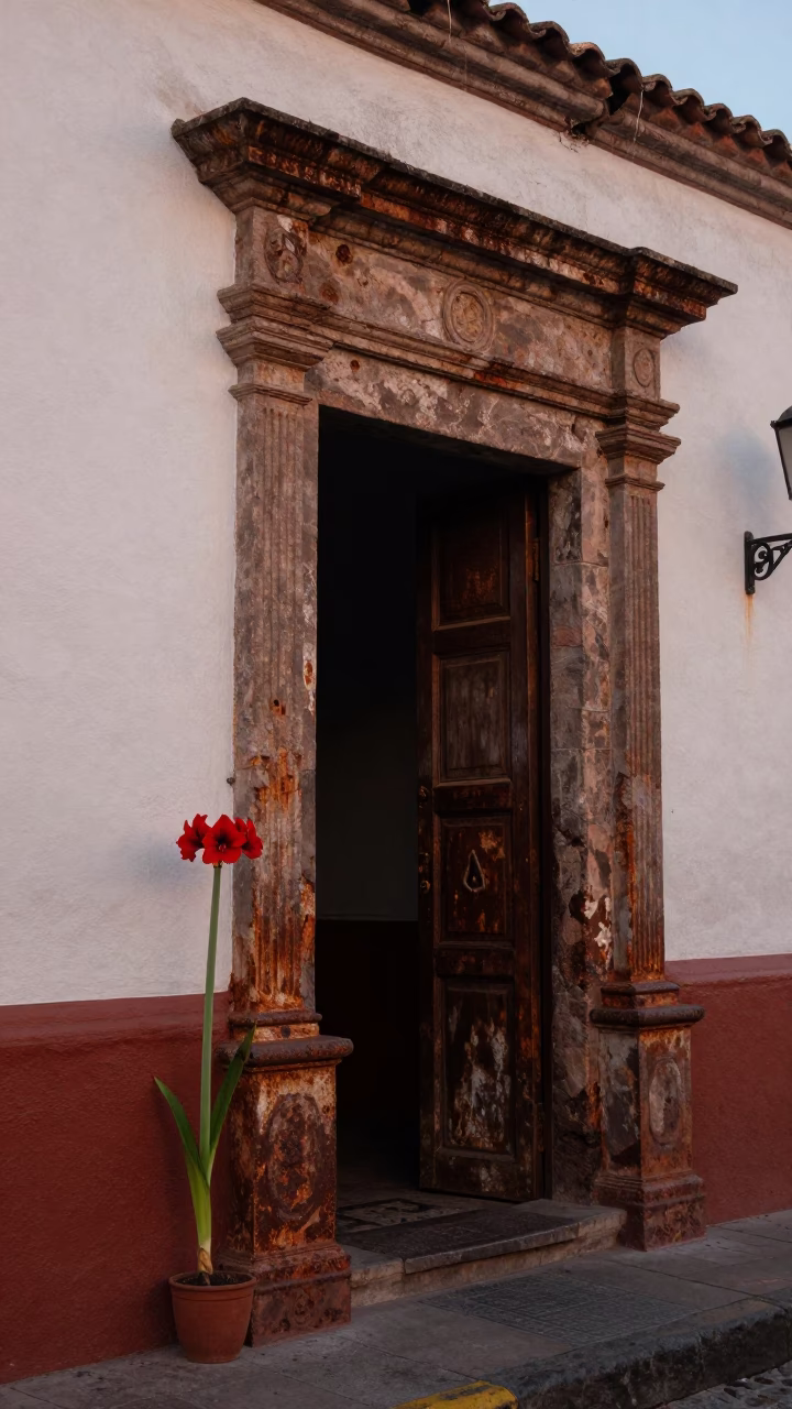 Early Evening Street Scene in Quito Ecuador with Rusty Doorframe and Amaryllis in in Quito, Ecuador