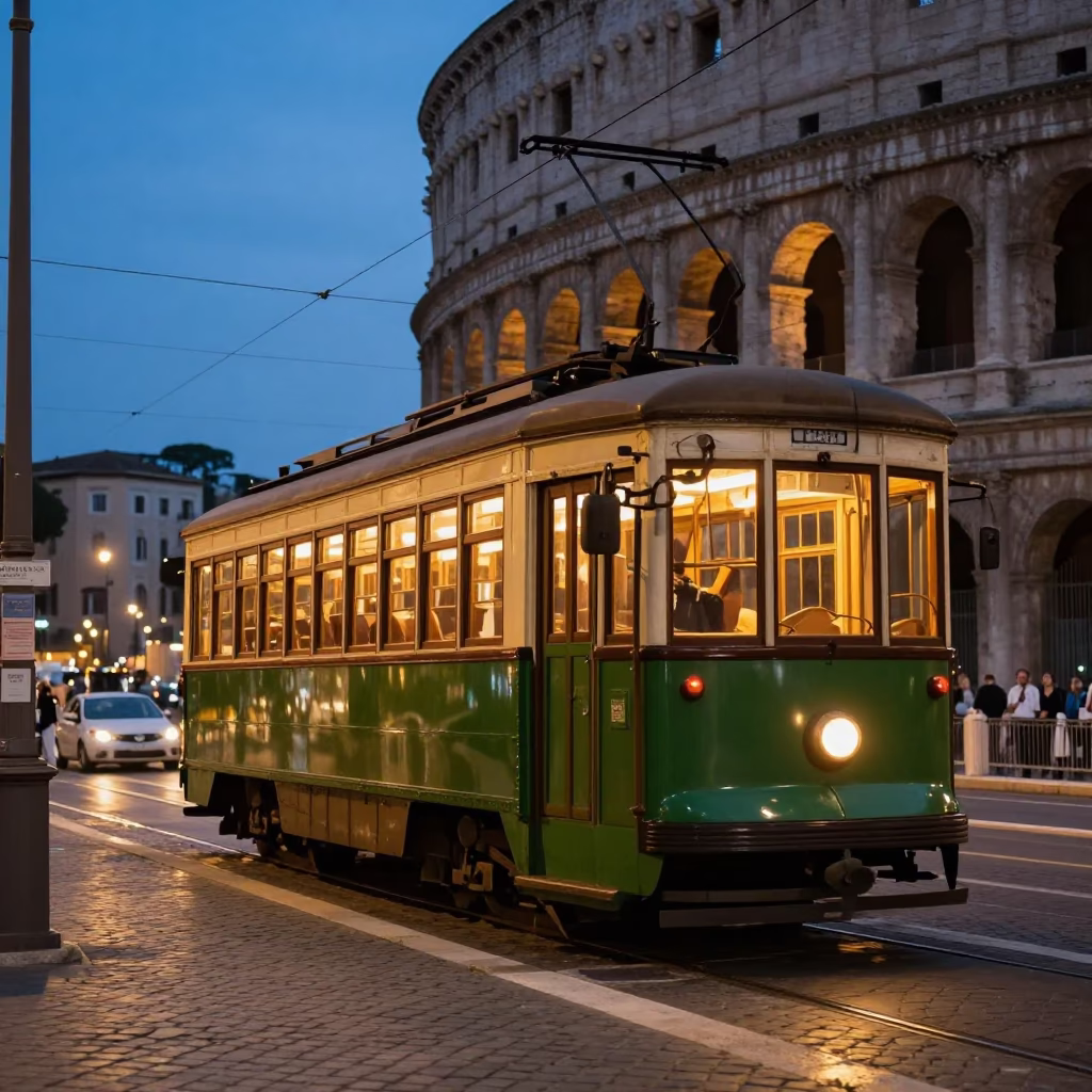 Early Evening Street Scene in Rome Italy with Heritage Tram and Urban Life in in Rome, Italy