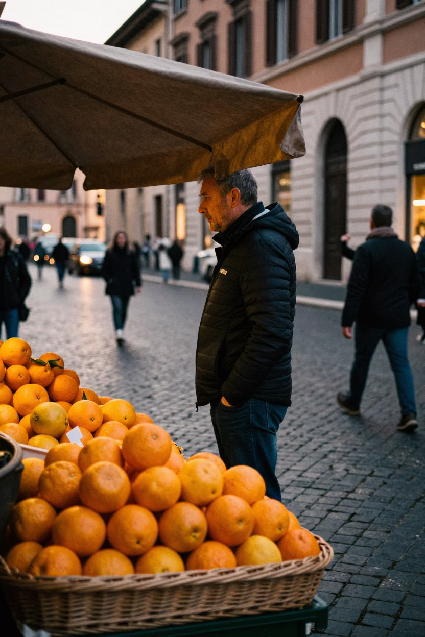 Early Evening Street Scene in Rome Italy with Oranges and Wicker Shadow in in Rome, Italy