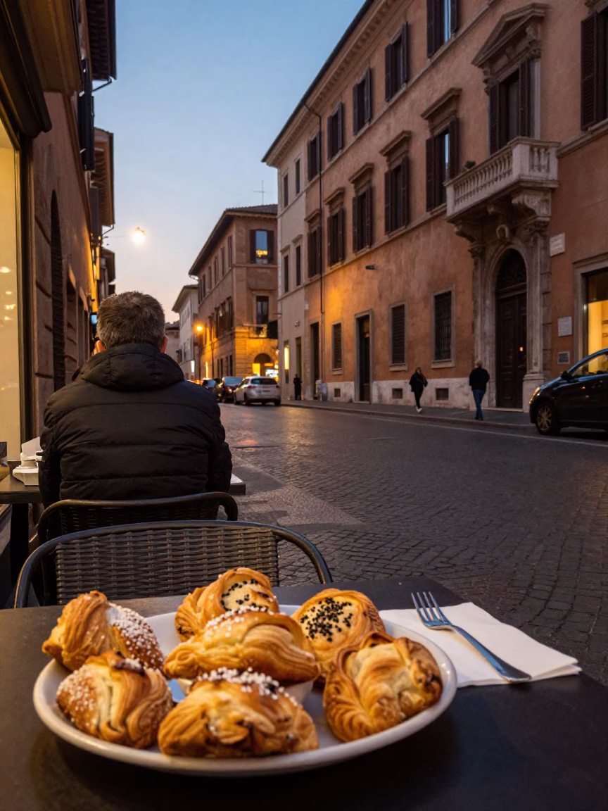 Early Evening Street Scene in Rome Italy with Pastries and Cutlery in in Rome, Italy