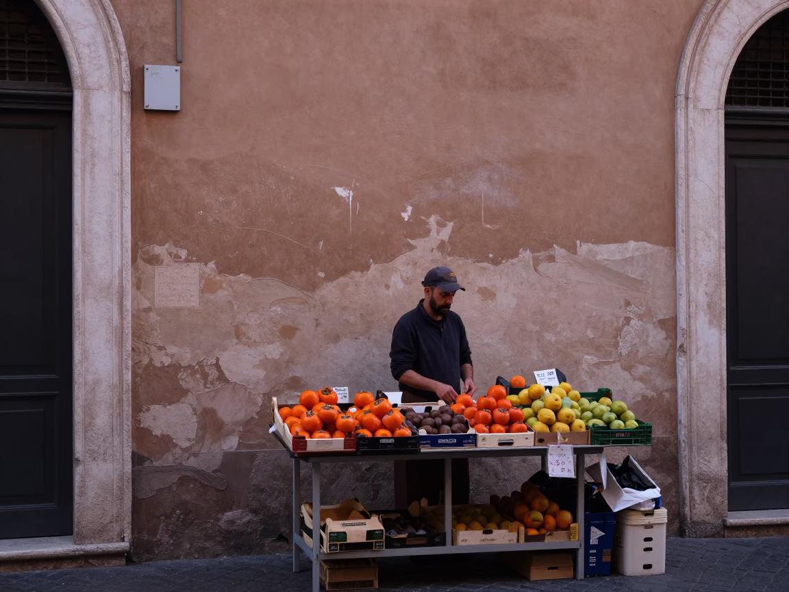 Early evening street scene in Rome Italy with smudges on wall and glass pitcher in in Rome, Italy