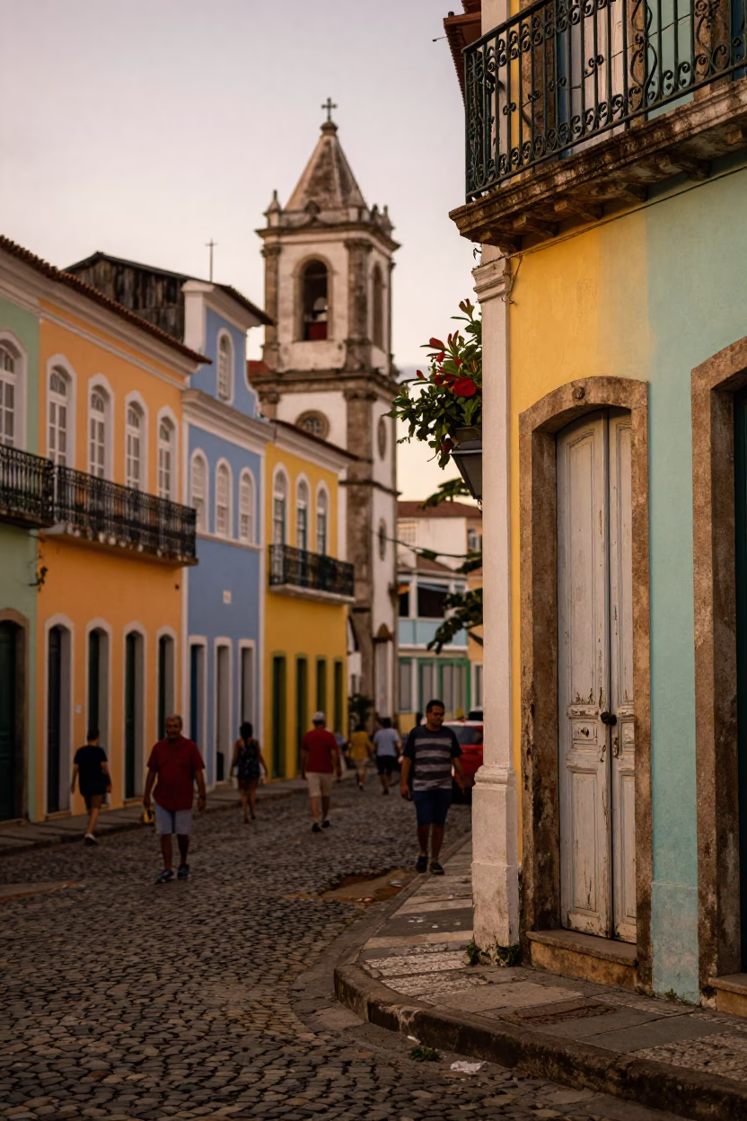 Early Evening Street Scene in Salvador Brazil with Colorful Facades and Daily Life in in Salvador, Brazil