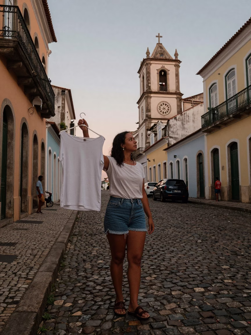Early Evening Street Scene in Salvador Brazil with Shirt Hanger in in Salvador, Brazil