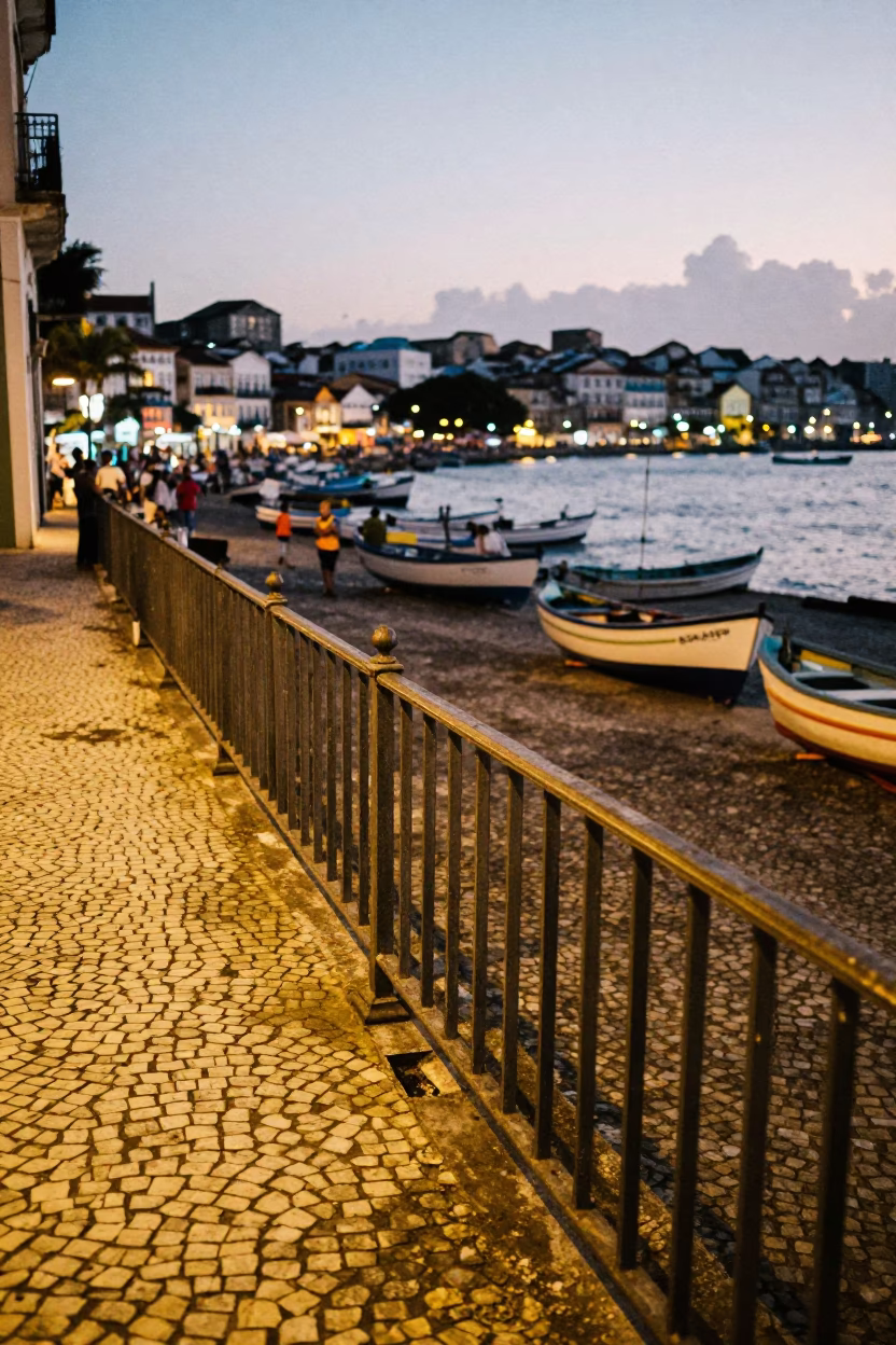 Early Evening Street Scene in Salvador Brazil with Stair Rail and Harbor View in in Salvador, Brazil