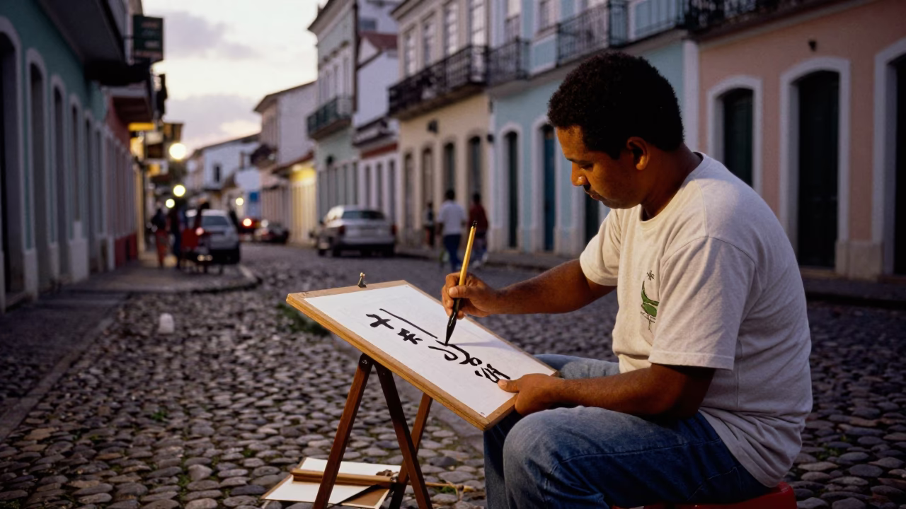 Early Evening Street Scene in Salvador Brazil with Traditional Calligraphy Demonstration in in Salvador, Brazil