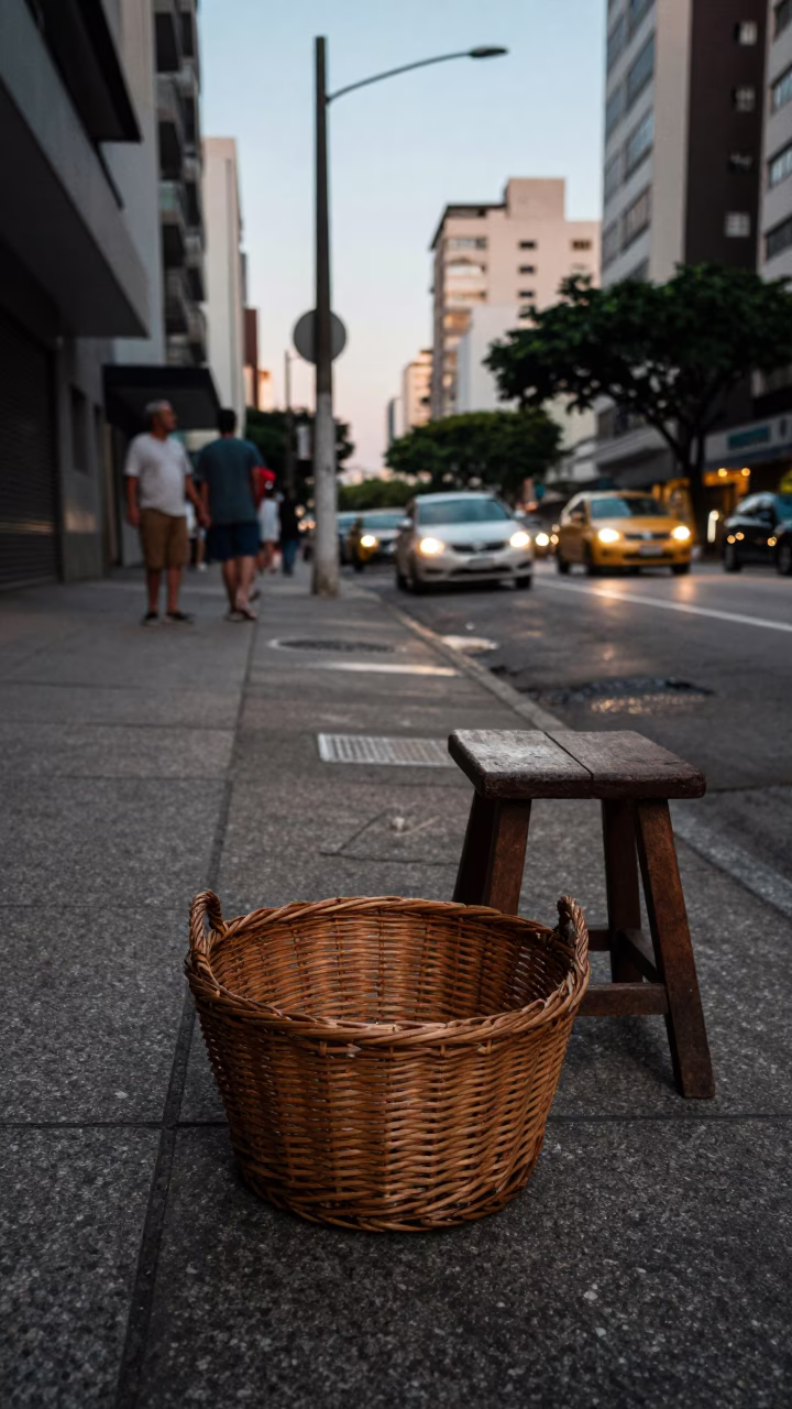 Early Evening Street Scene in São Paulo Brazil with Wicker Basket and Stool in in São Paulo, Brazil