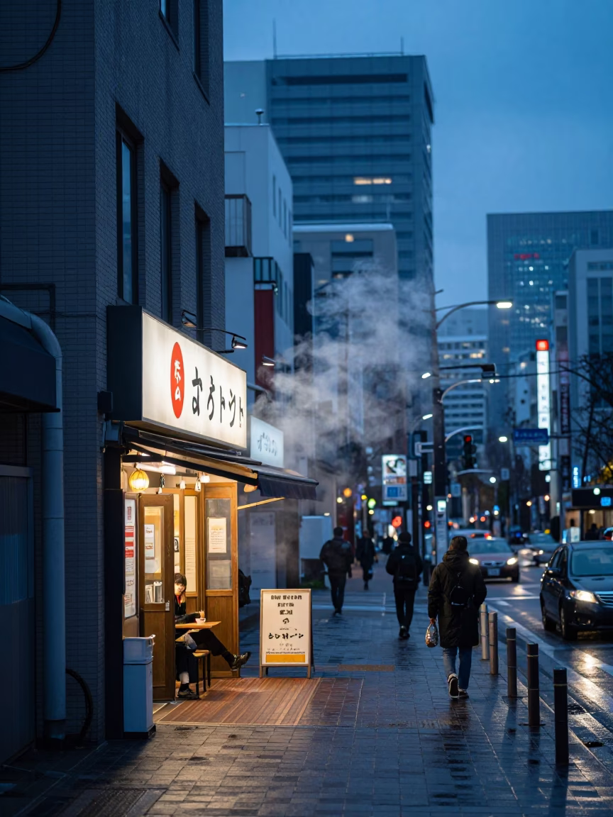 Early Evening Street Scene in Sapporo Japan with Local Dining Elements in in Sapporo, Japan