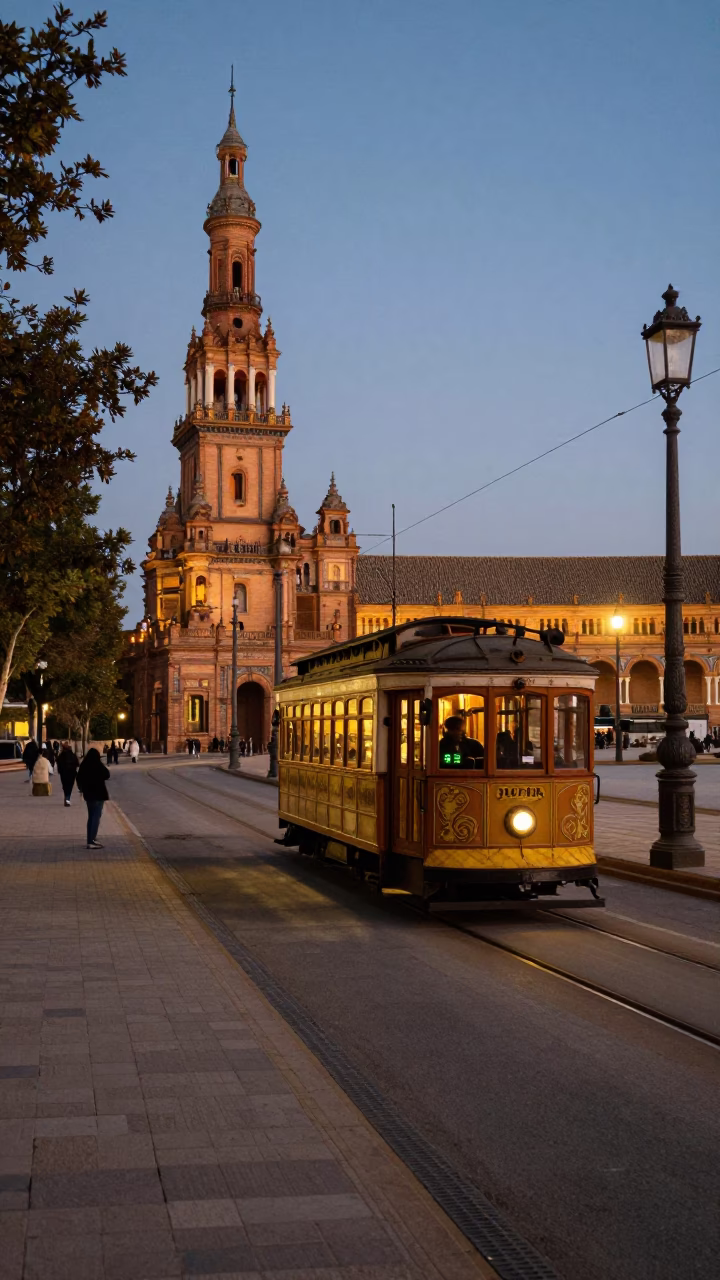 Early Evening Street Scene in Seville Spain with Vintage Tramcar and Traditional Sweets Vendor in in Seville, Spain