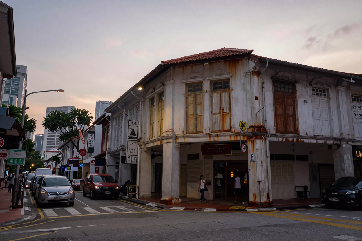 Early Evening Street Scene in Singapore with Dates and Rusty Hinges in in Singapore, Singapore