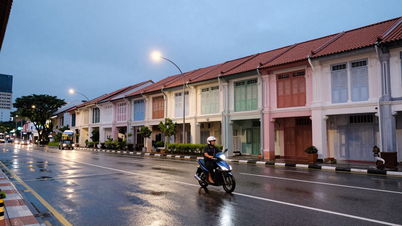 Early Evening Street Scene in Singapore with Motorcyclist and Urban Architecture in in Singapore, Singapore