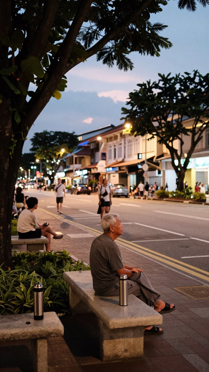Early Evening Street Scene in Singapore with Thermos and Leaf Shadows on Concrete Bench in in Singapore, Singapore