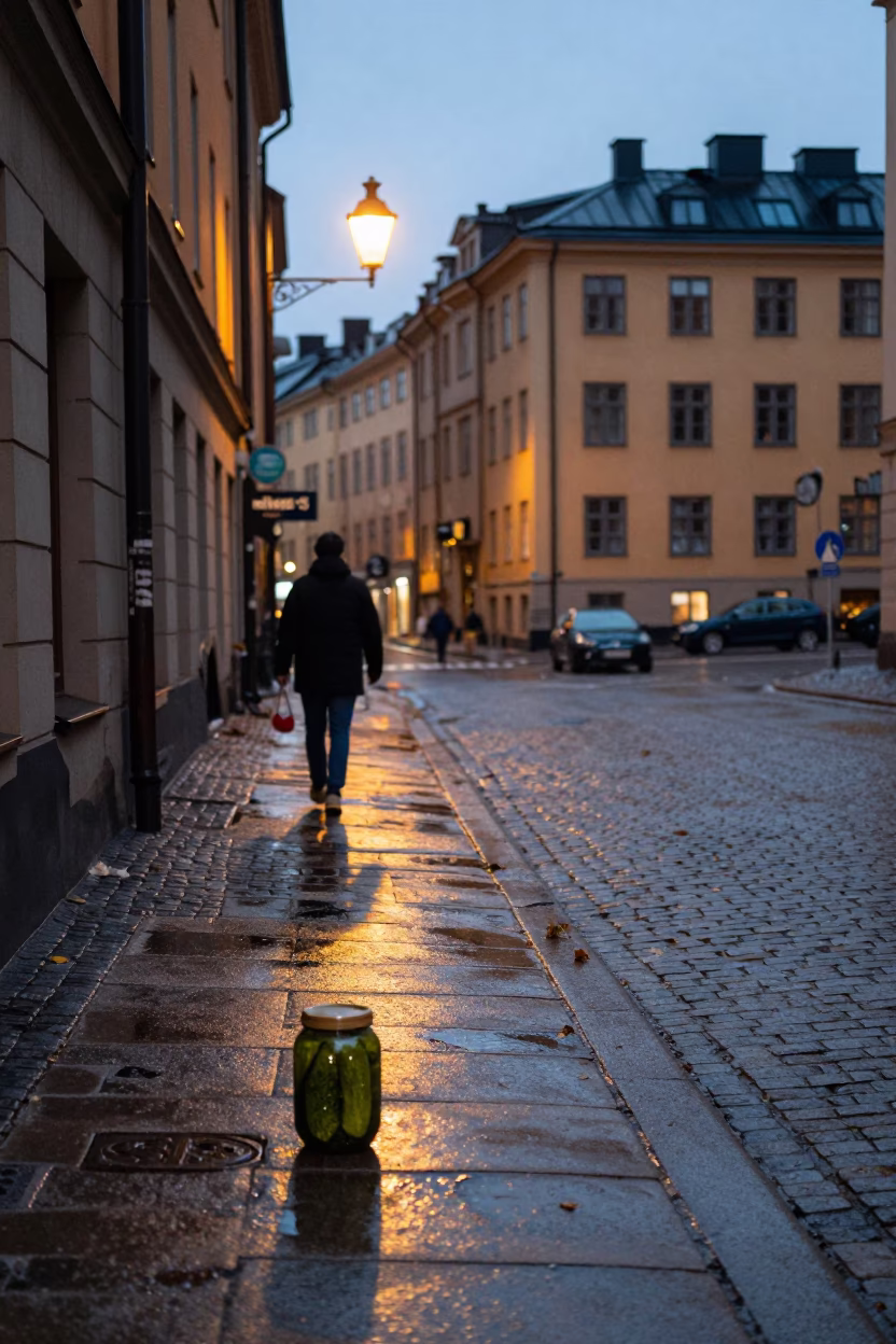 Early Evening Street Scene in Stockholm Sweden with Pickle Jar and Rain in in Stockholm, Sweden