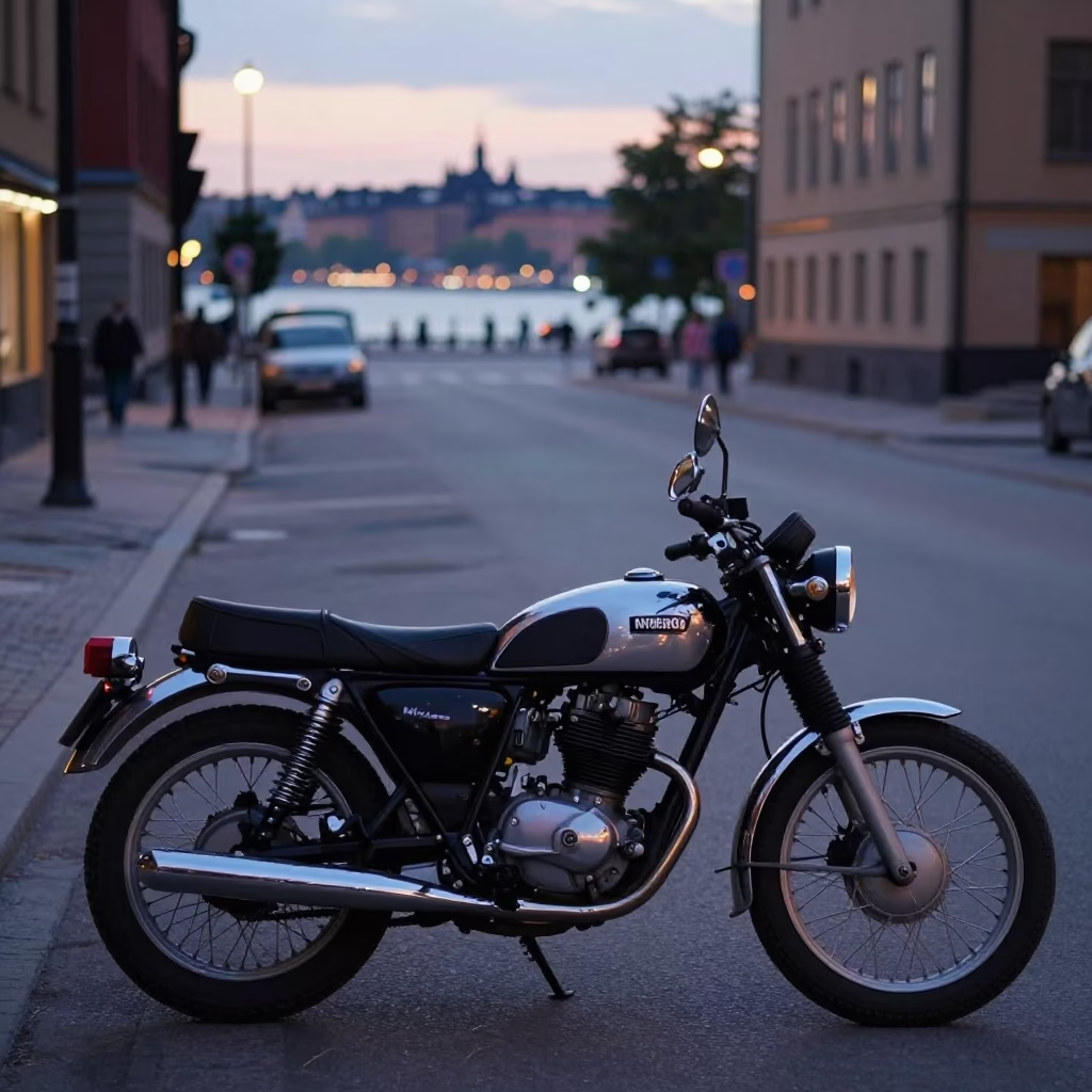 Early Evening Street Scene in Stockholm Sweden with Vintage Motorcycle and Coastal Highway View in in Stockholm, Sweden