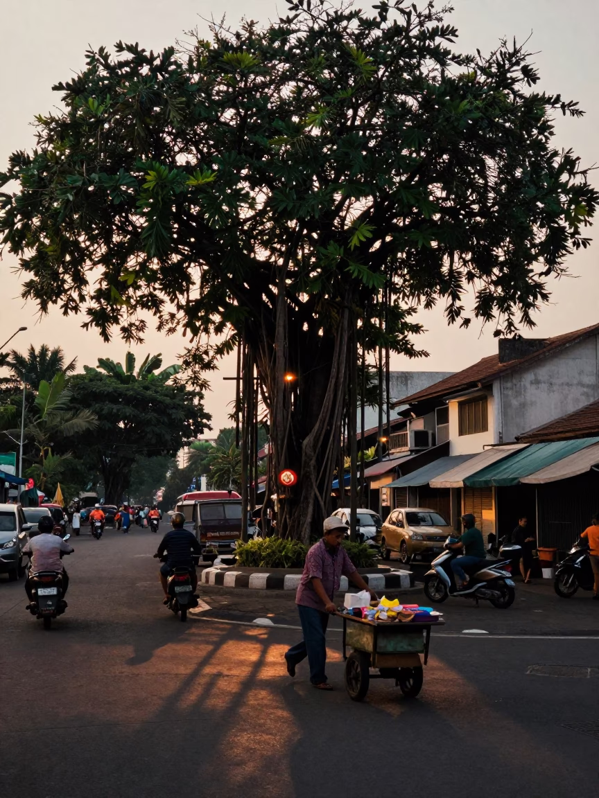 Early Evening Street Scene in Surabaya Indonesia with Banyan Tree and Local Activity in in Surabaya, Indonesia