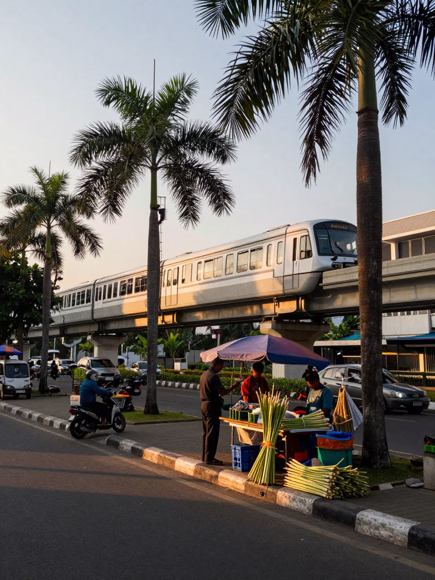 Early Evening Street Scene in Surabaya Indonesia with Monorail and Palm Trees in in Surabaya, Indonesia