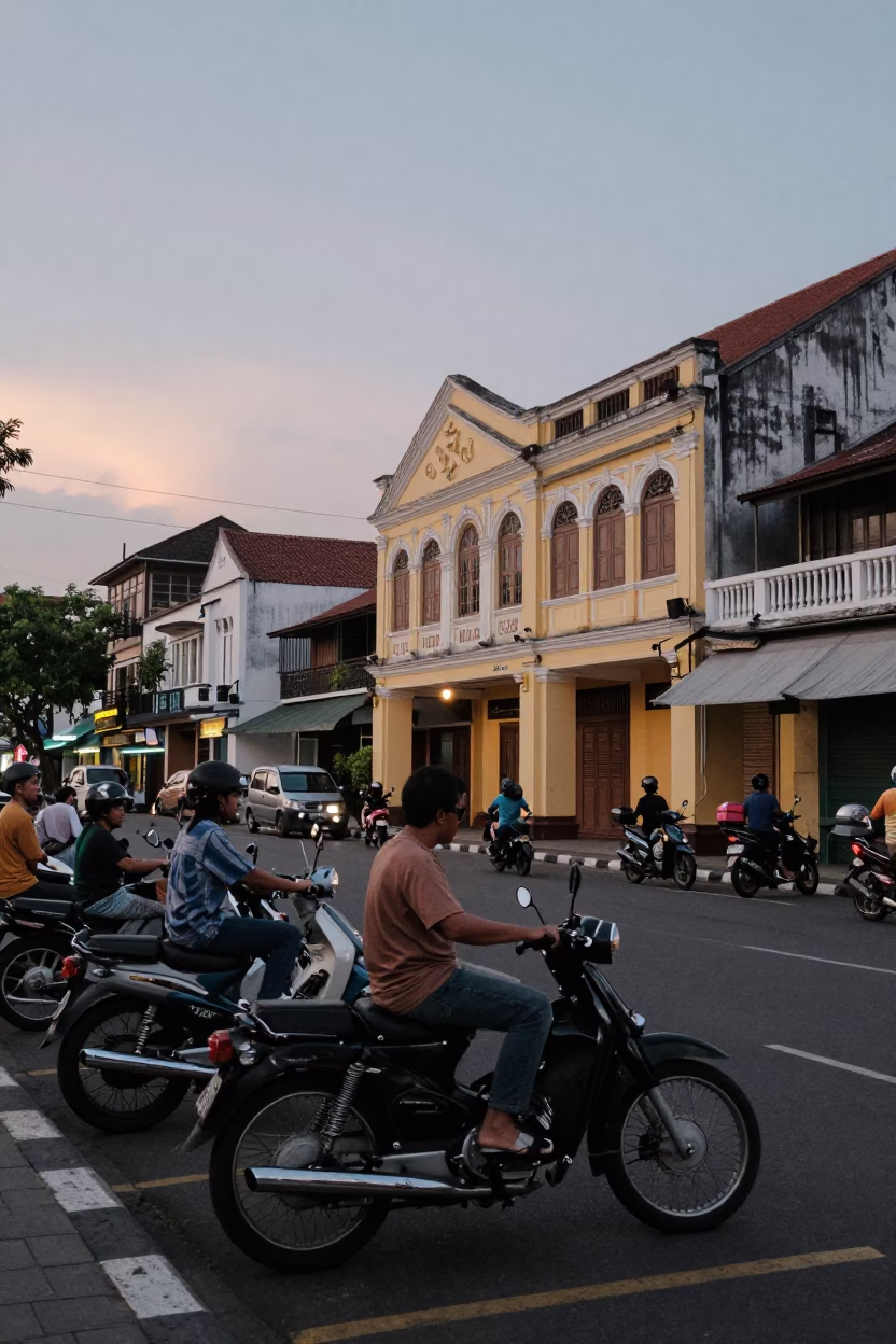 Early Evening Street Scene in Surabaya Indonesia with Vintage Motorcycles and Local Market Activity in in Surabaya, Indonesia