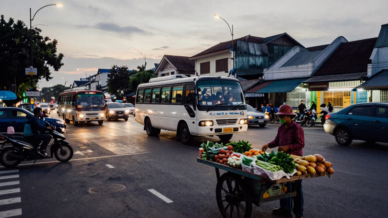 Early Evening Street Scene in Surabaya Indonesia with Vintage Vehicles and Local Commerce in in Surabaya, Indonesia