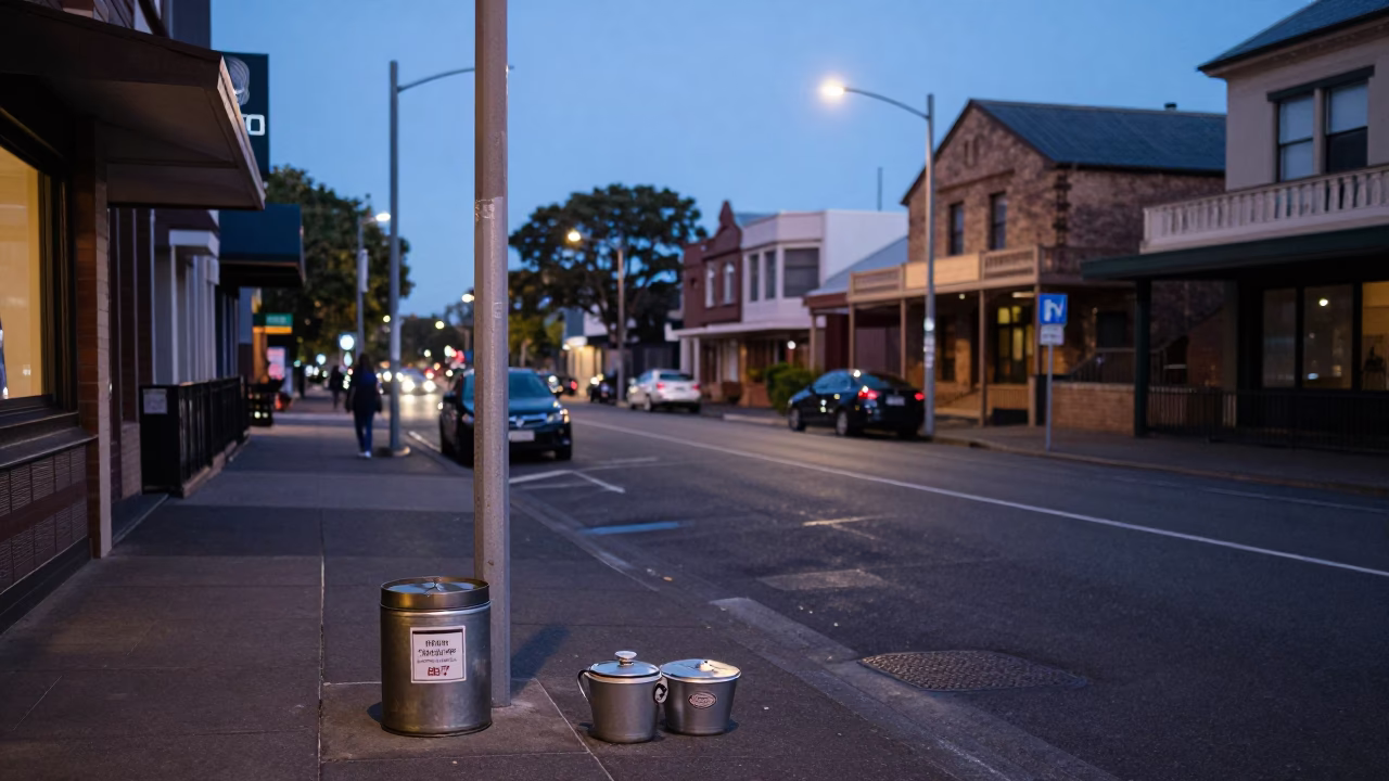 Early Evening Street Scene in Sydney with Tea Tin and Garden Rake in in Sydney, New South Wales, Australia