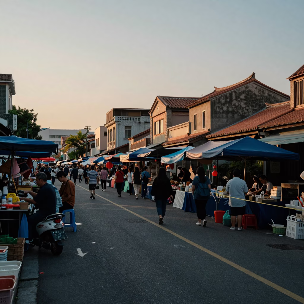 Early Evening Street Scene in Tainan Taiwan with Local Market Activity in in Tainan, Taiwan