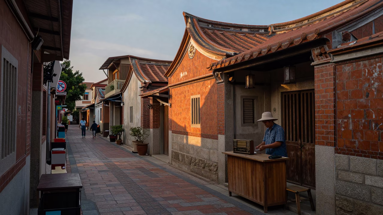 Early Evening Street Scene in Tainan Taiwan with Vintage Radio and Ceramic Pitcher in in Tainan, Taiwan