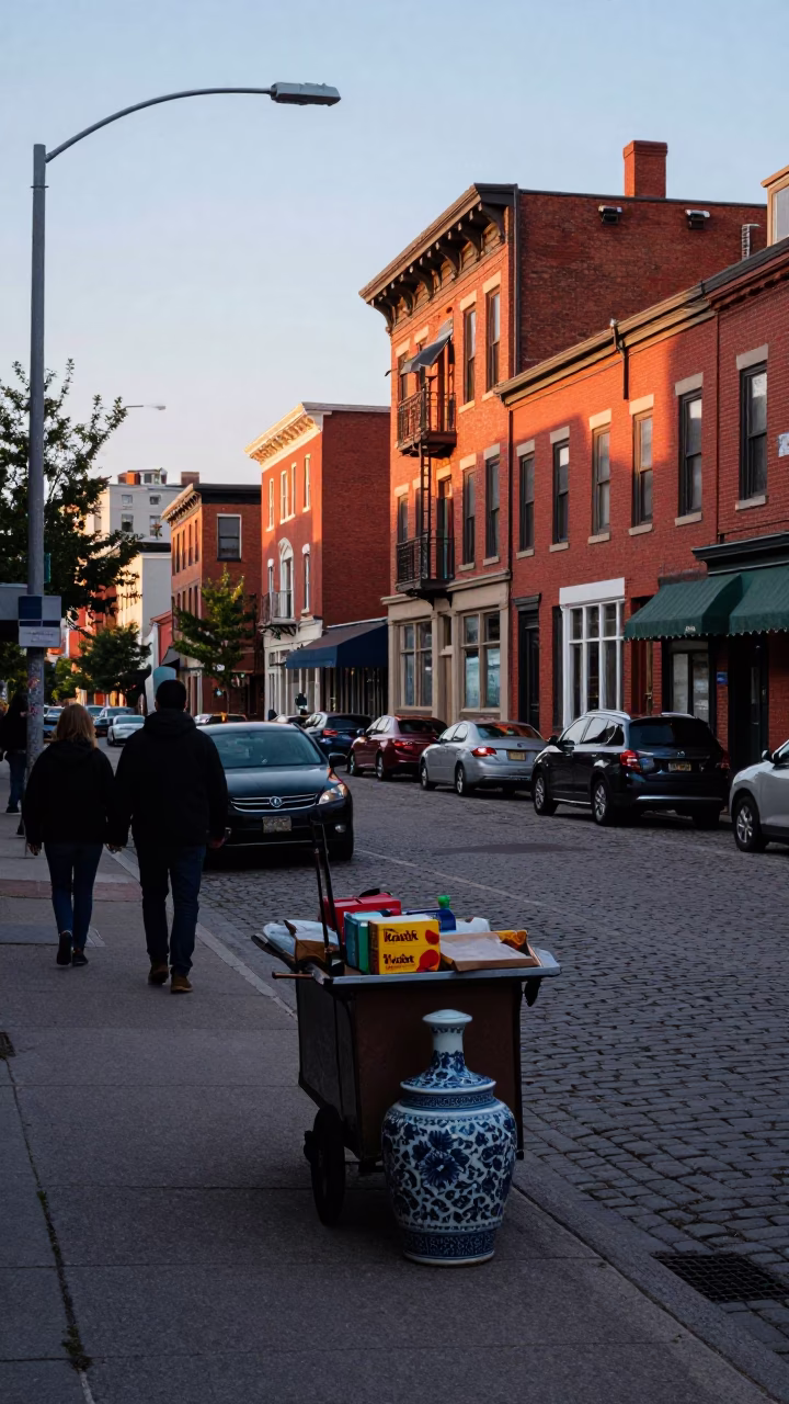 Early Evening Street Scene in Toronto Ontario Canada with Blue Porcelain Jar and Lantern in in Toronto, Ontario, Canada
