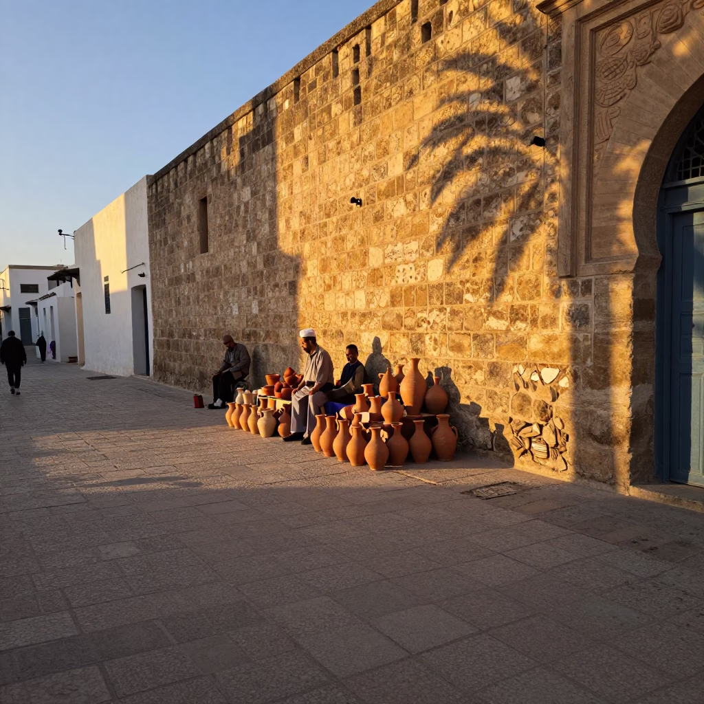 Early Evening Street Scene in Tunis Medina with Pottery Shard and Stone Architecture in in Tunis, Tunisia
