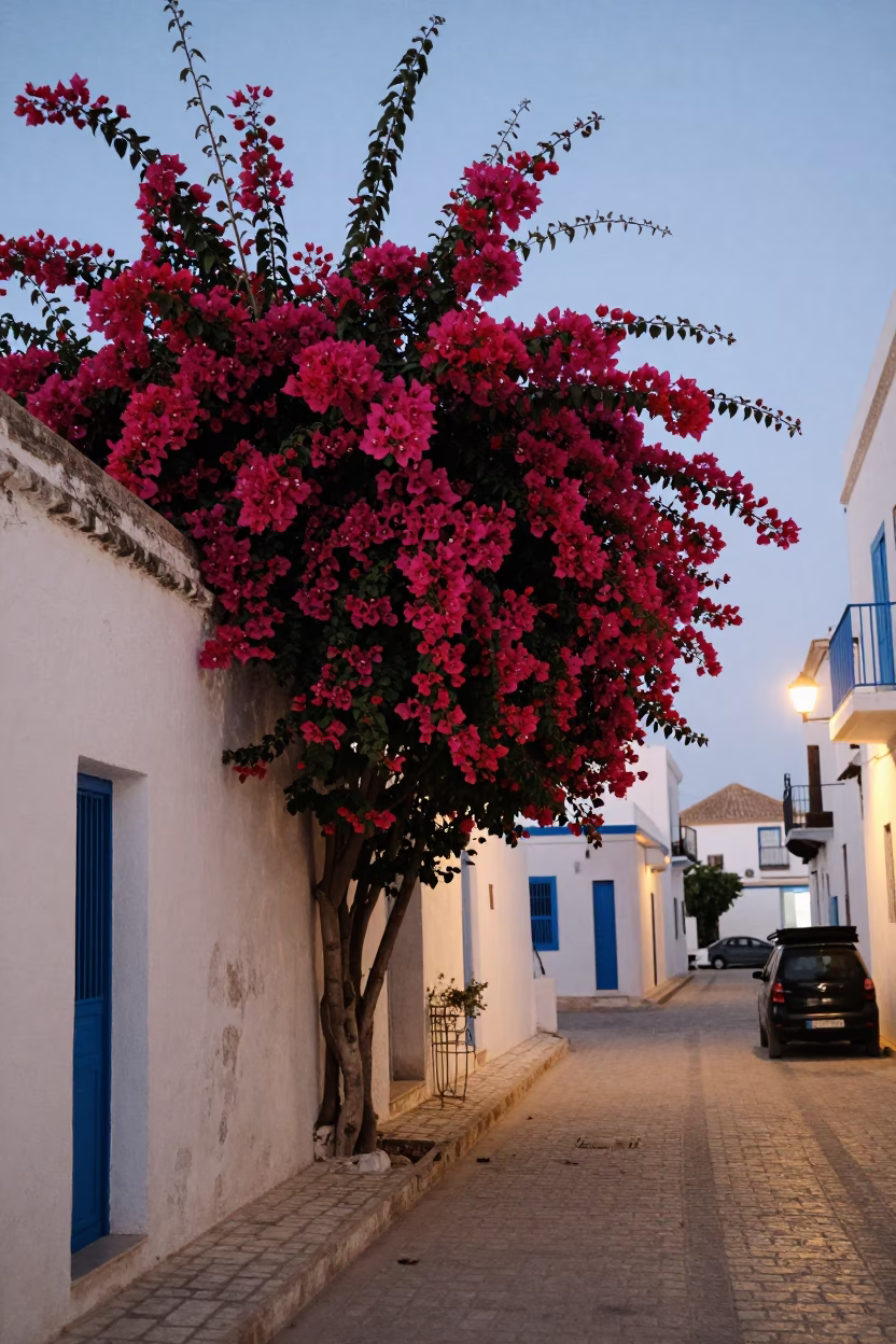 Early Evening Street Scene in Tunis Tunisia with Bougainvillea and Local Life in in Tunis, Tunisia