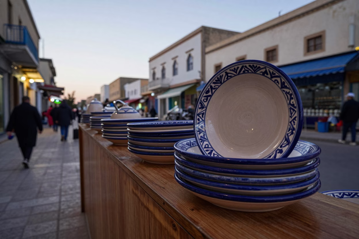 Early Evening Street Scene in Tunis Tunisia with Ceramic Plate and Sardines in in Tunis, Tunisia