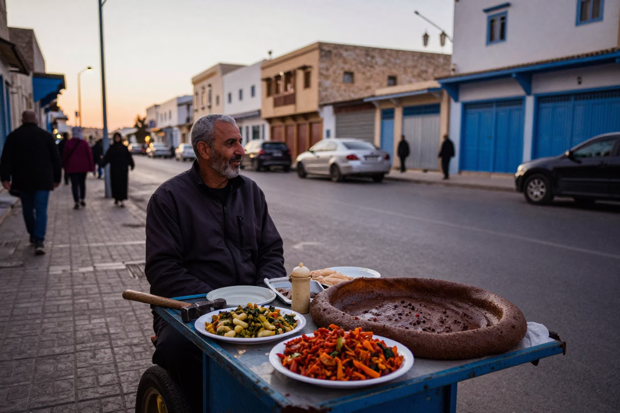 Early Evening Street Scene in Tunis Tunisia with Local Vendor and Traditional Elements in in Tunis, Tunisia