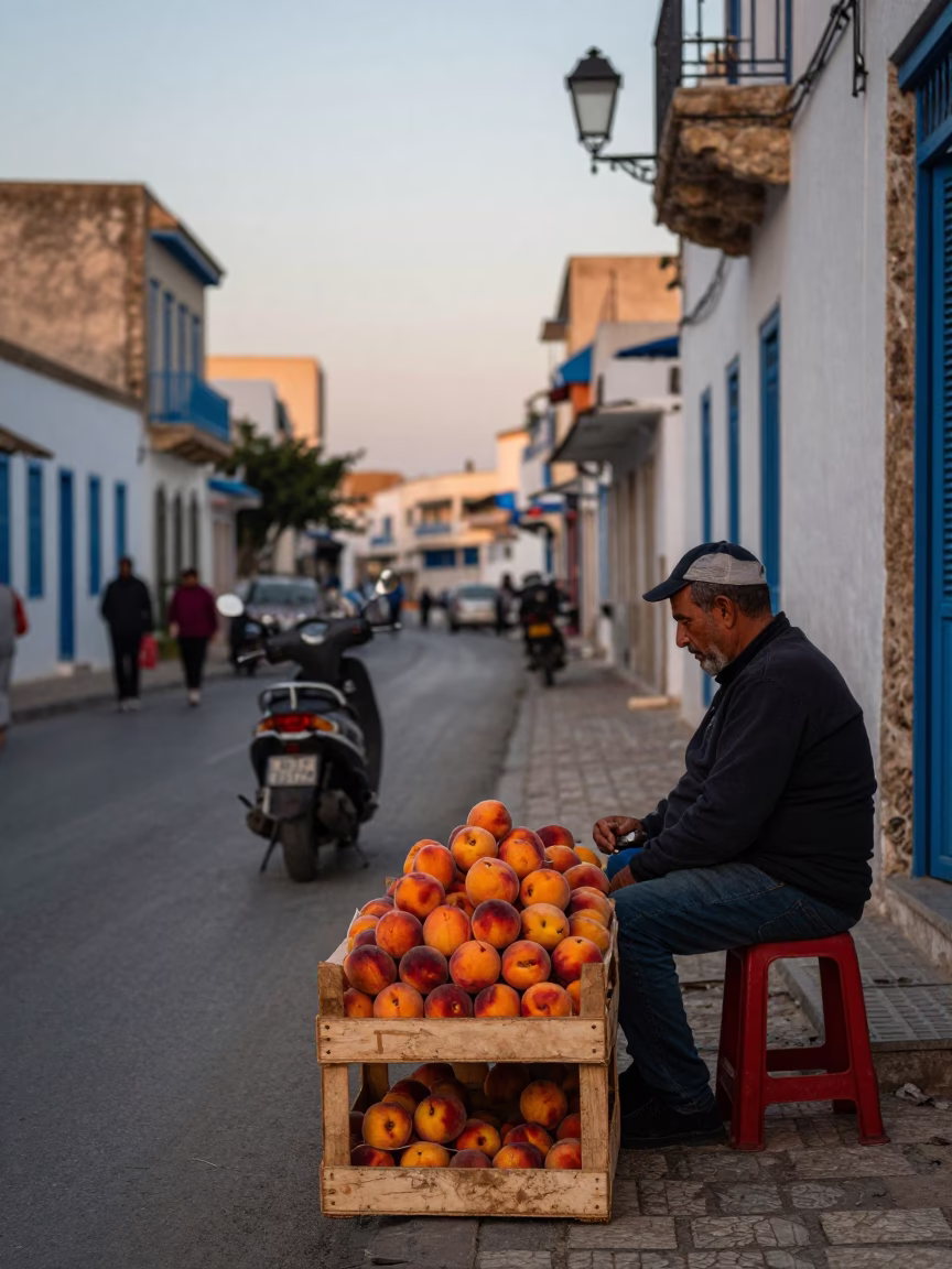 Early Evening Street Scene in Tunis Tunisia with Peaches and Scooter in in Tunis, Tunisia