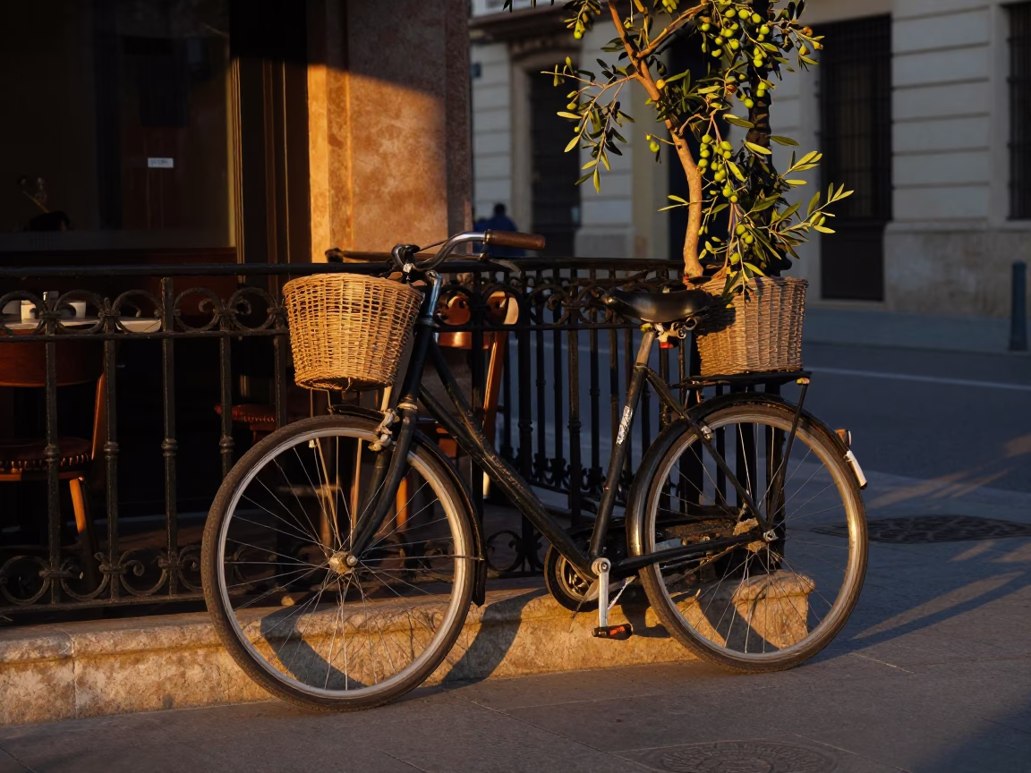 Early Evening Street Scene in Valencia Spain with Bicycle and Olives in in Valencia, Spain