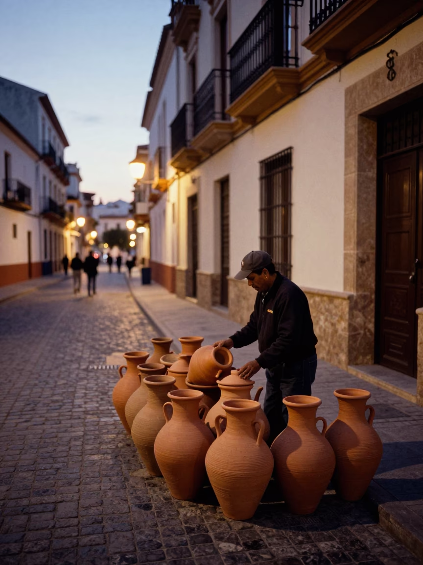 Early Evening Street Scene in Valencia Spain with Clay Pots and Funicular View in in Valencia, Spain