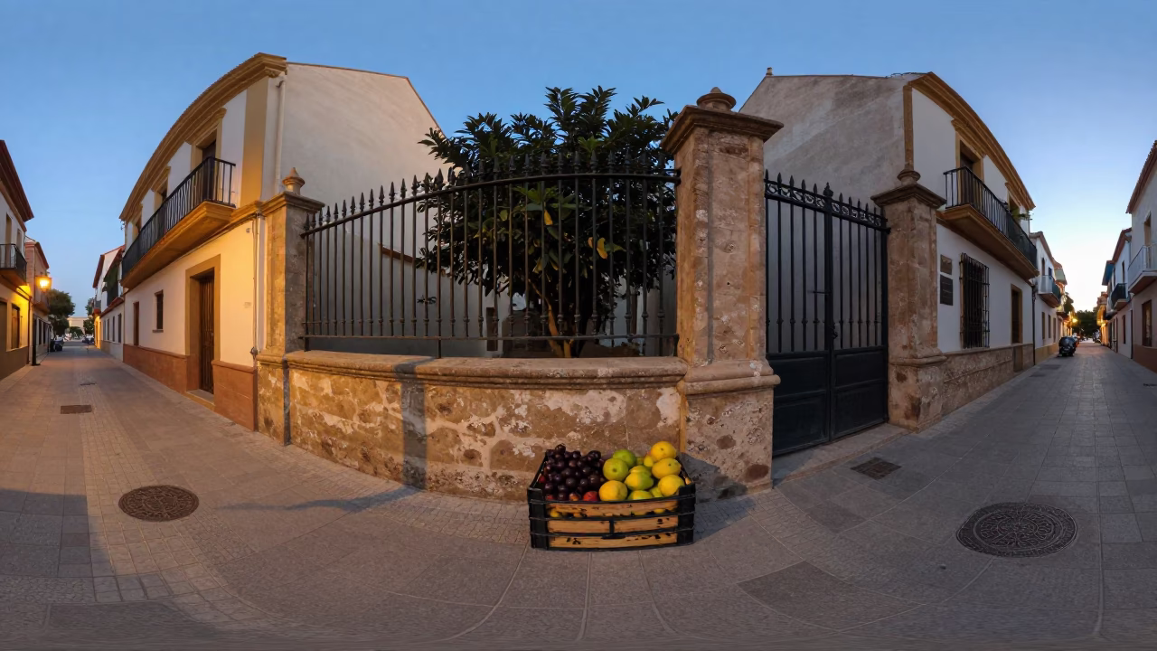 Early Evening Street Scene in Valencia Spain with Fruit Crate and Garden Gate in in Valencia, Spain