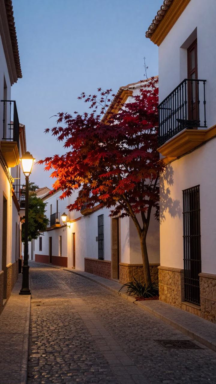 Early Evening Street Scene in Valencia Spain with Japanese Maple and Urban Rooftop Details in in Valencia, Spain